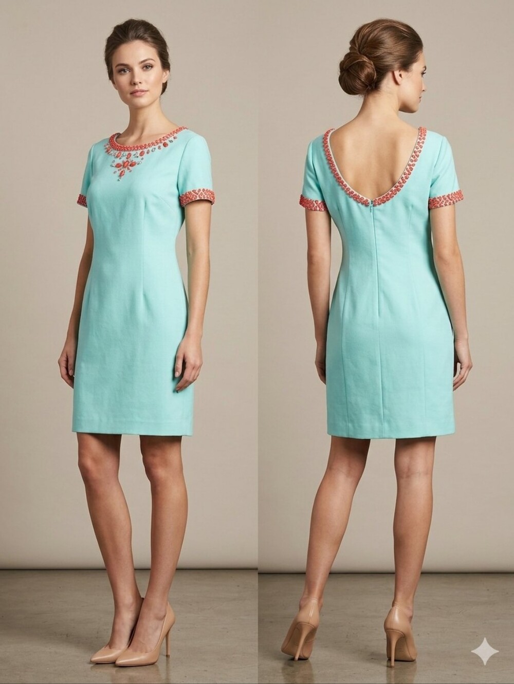 Lilly PULITZER Nora Beaded Sheath Dress In Seafoam & Coral Color SIZE 2‎